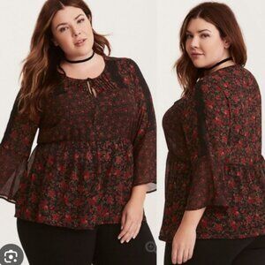 Torrid Chiffon Lace Inset Blouse Bohemian Tie Front Floral Red Black Plus SZ 3X